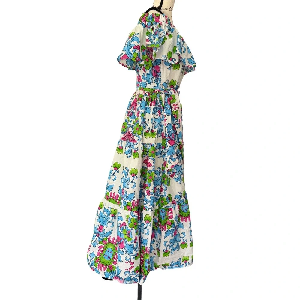 Fame Istanbul Floral Off Shoulder Maxi Dress White Blue Pink Green Tiered M - Picture 8 of 14